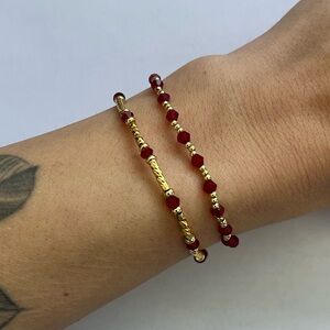 Red and Gold Beaded Bracelet | Handmade Stretch Valentines Jewelry